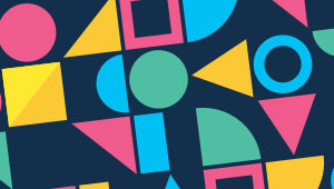 Colourful geometric shapes including circles, triangles, squares, and semi-circles in pink, blue, yellow, and green on a dark background.