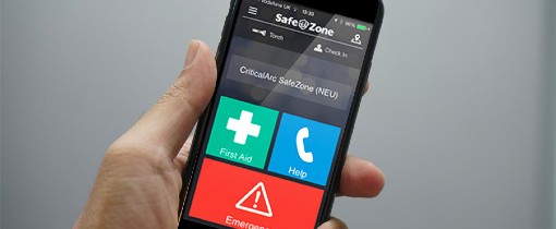 Graphic of a smartphone with the SafeZone app loaded on the screen