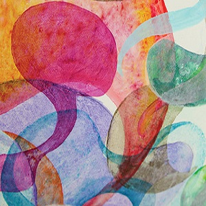 A pattern of assorted multicoloured round shapes weaving together in blended ribbons.