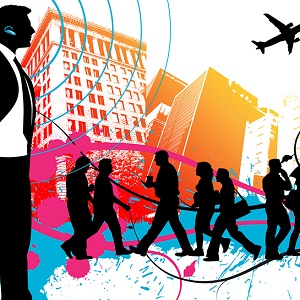 Black silhouettes of people in business attire on a crosswalk in front of printed tall buildings.