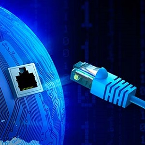 Graphic of a blue ethernet cable about to be plugged into a port on a blue globe detailed with motherboard patterns.
